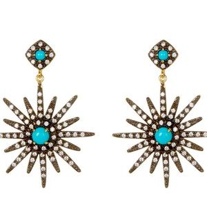 14k Yellow Gold Plated Turquoise & Swarovski Crystal Starburst Earrings NWT